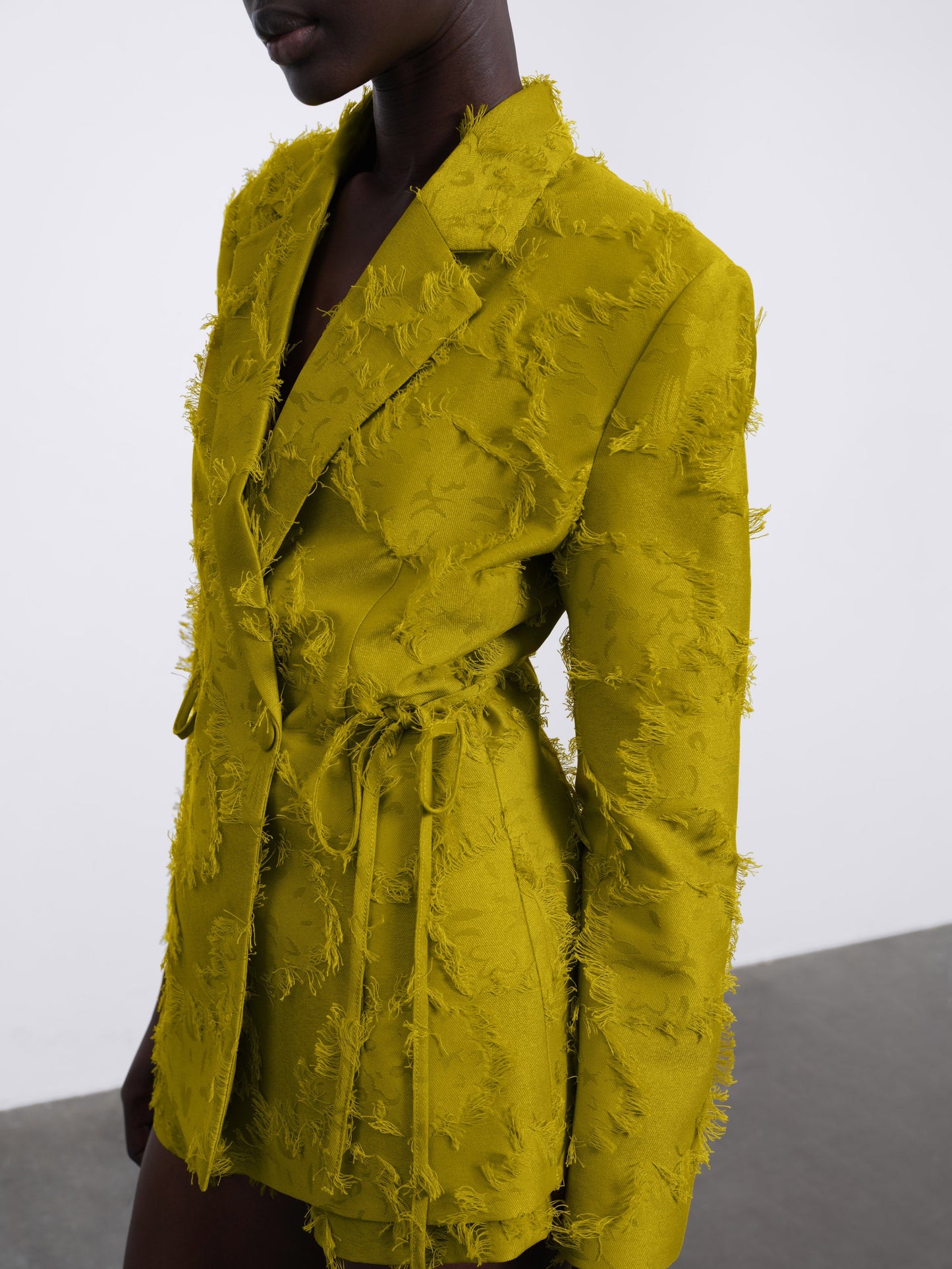 Jora Fringe Textured Open-Back Blazer — Green