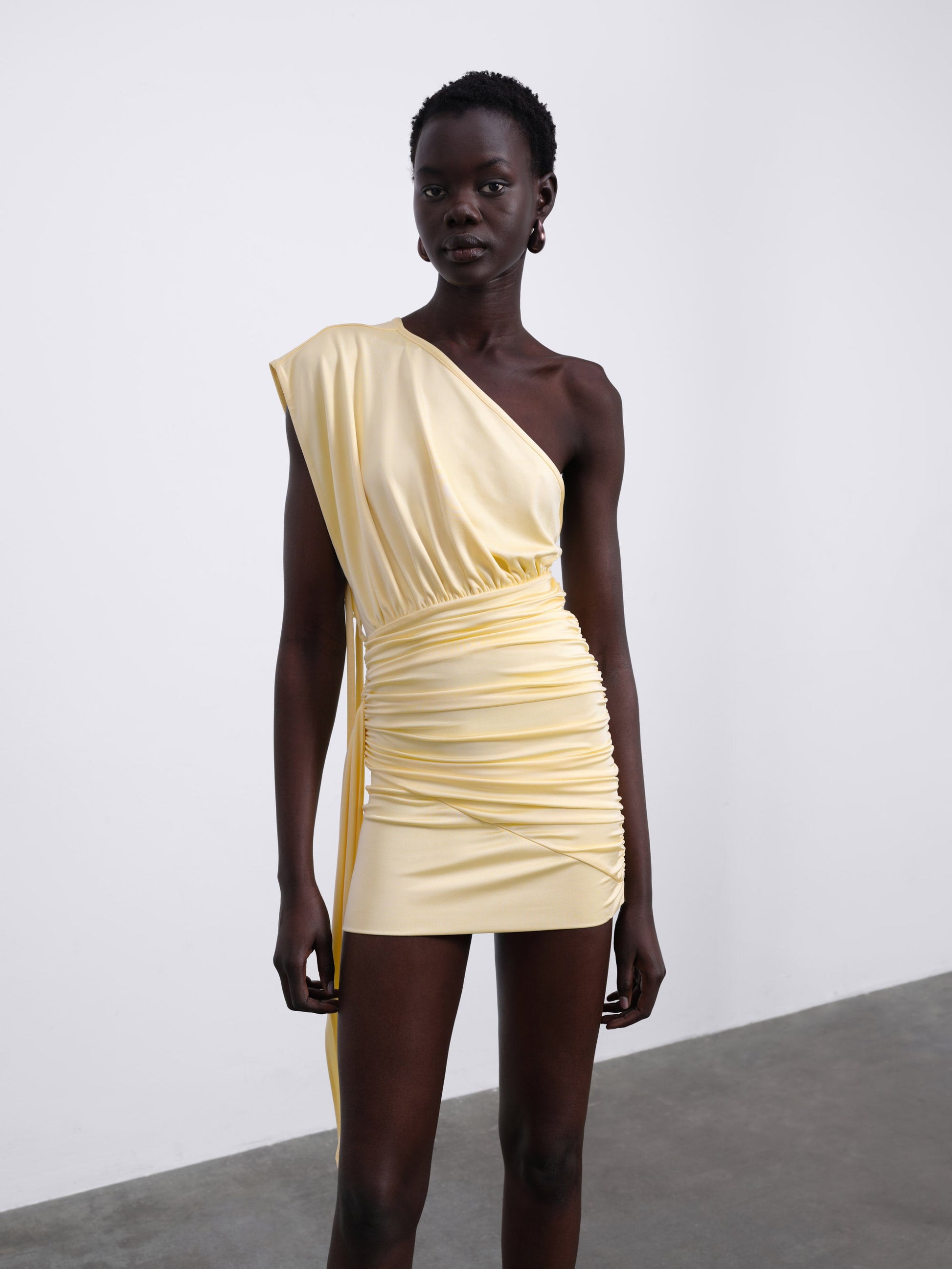 Aurelie Draped One-Shoulder Mini Dress — Butter Yellow