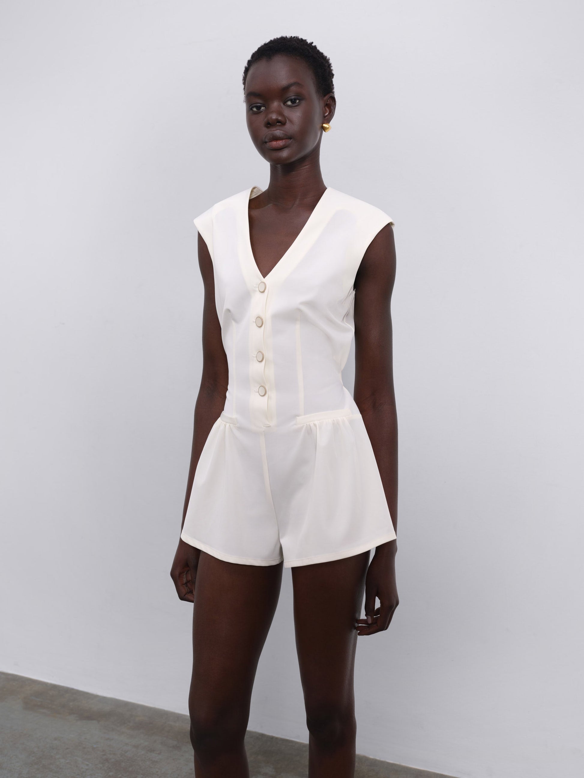 Elara Button-Up V-Neck Mini Jumpsuit
