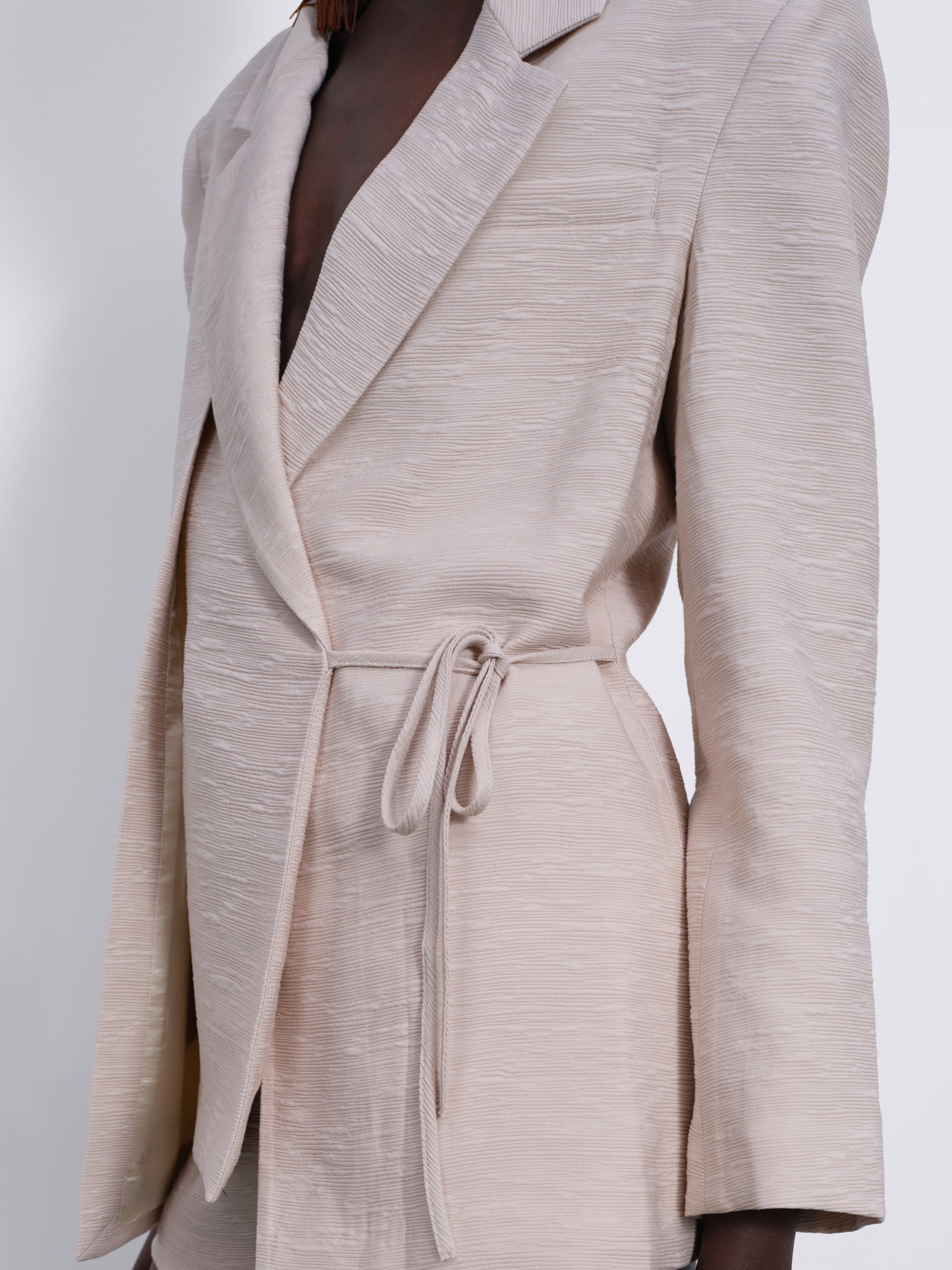 Helia Textured Wrap Tailored Blazer — Stone