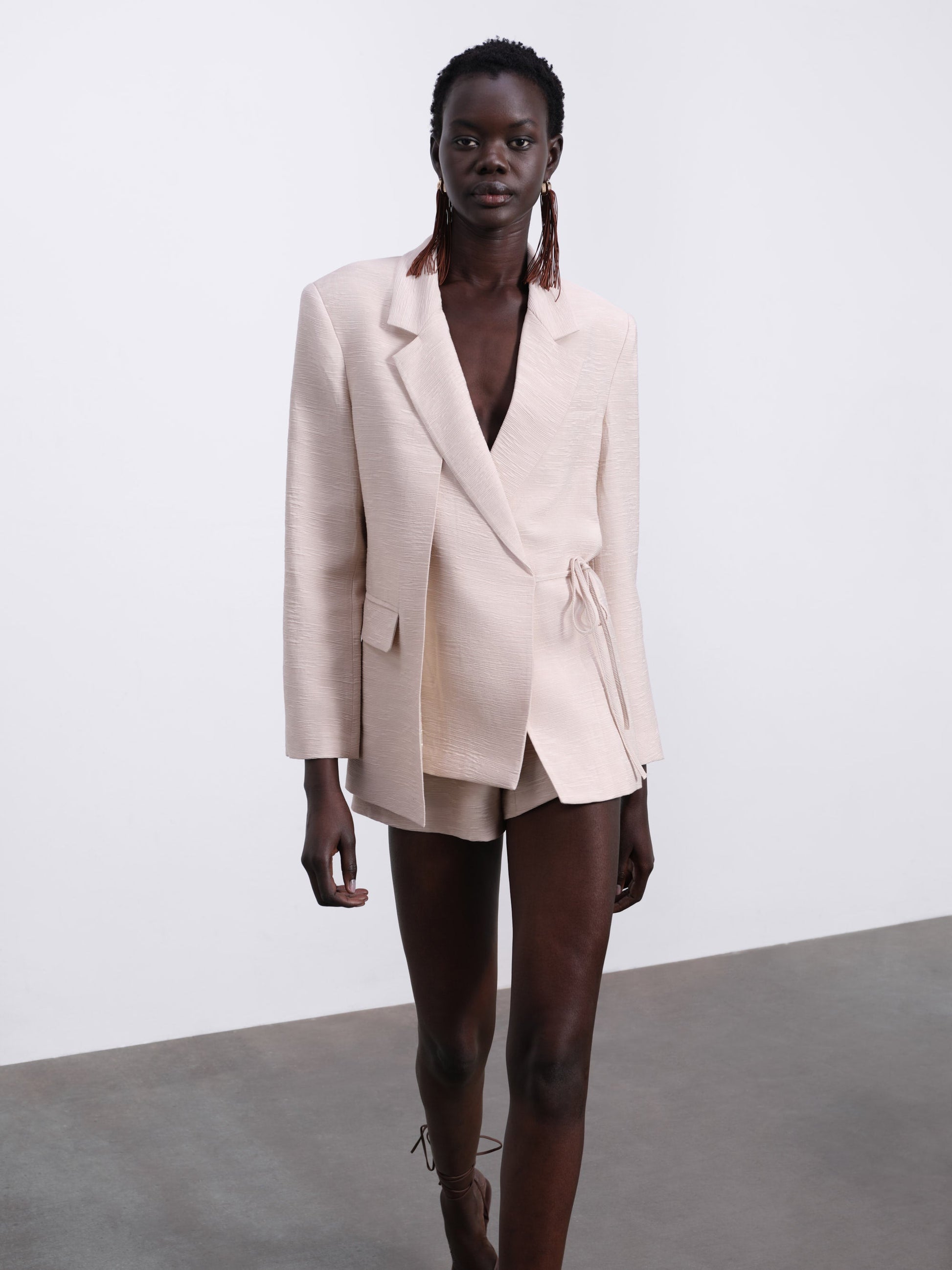 Helia Textured Wrap Tailored Blazer — Stone