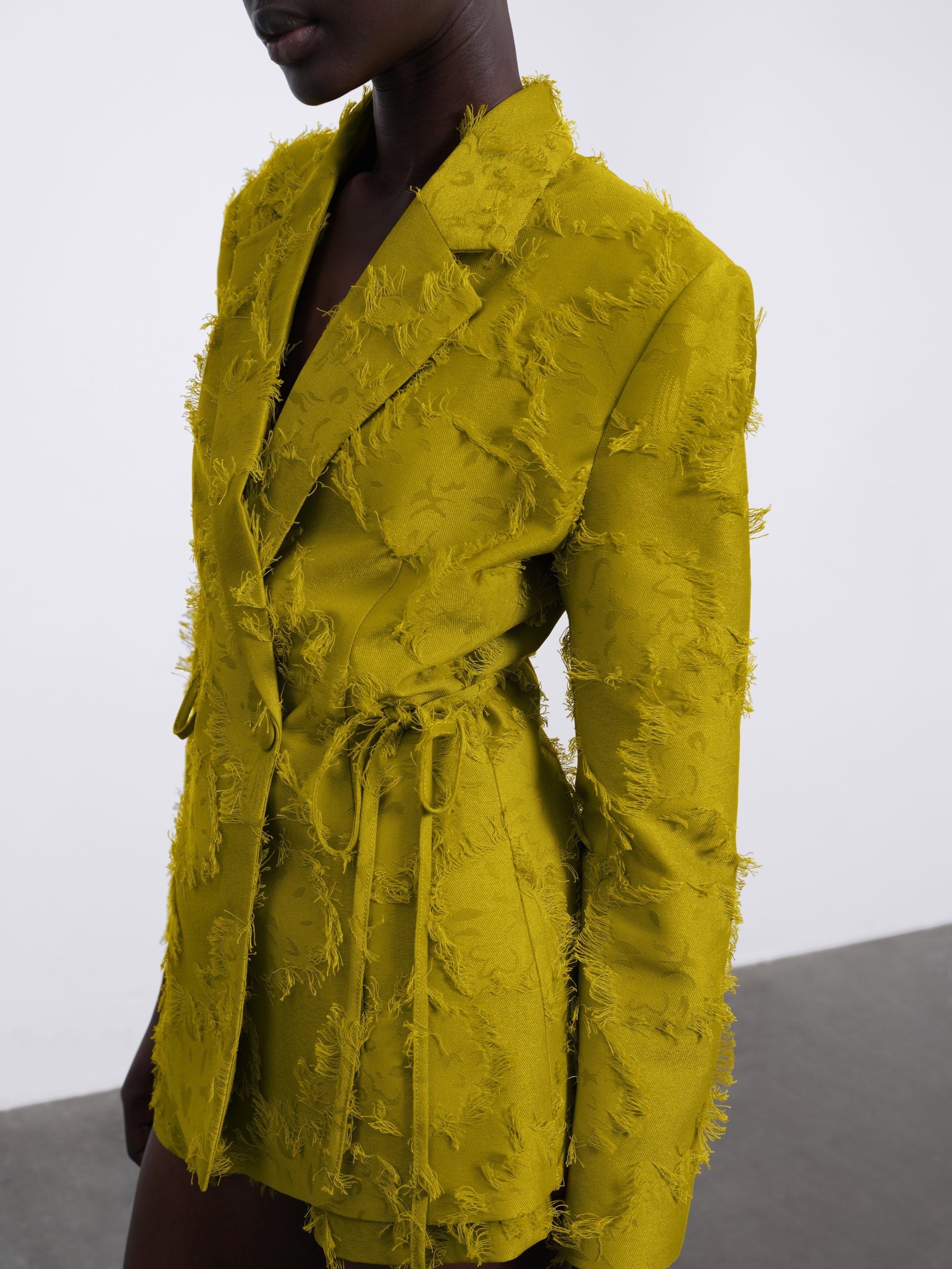Jora Fringe Textured Open-Back Blazer — Green