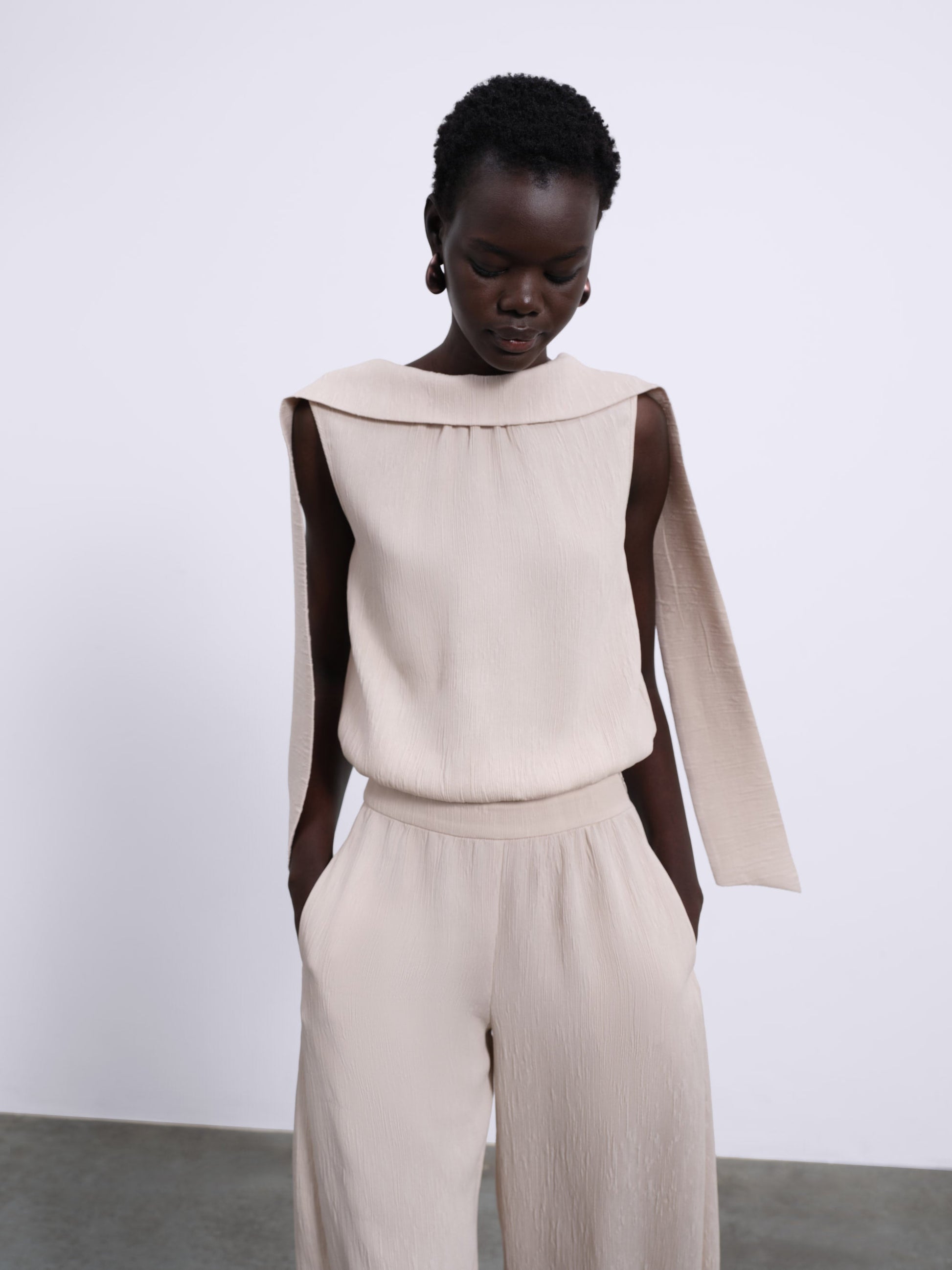 Selis Textured Scarf-Tie Top — Stone